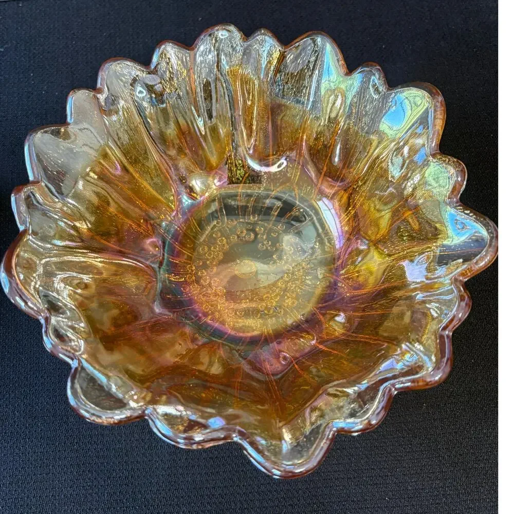 Vintage Indiana Carnival Glass Bowl - Iridescent Marigold - 7